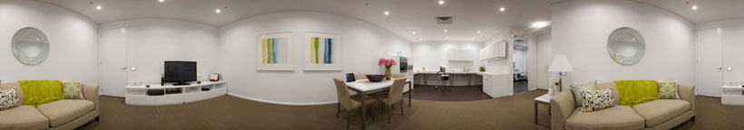 Panoramic images of the main room of the ILC apartment showroom.