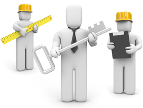 three cartoon people holding a key, ruler and clipboard