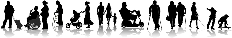 silohuettes of different 
people that access effects including the elderly, people with a disability, parents and  those with an injury