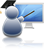 blue 3d instructor 
wearing mortar board pointing at a computer screen