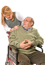 granddaughter and grandpa gazing lovingly at each other. Grandpa is sitting in a wheelchair.