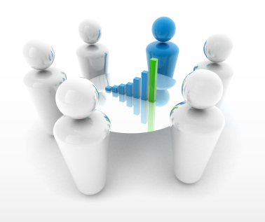 Team of people in the 
shape of chess pieces staring into a bar graph