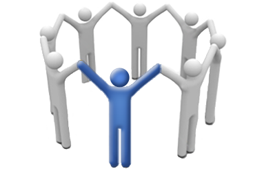 3d people standing in a circle formation holding hands.